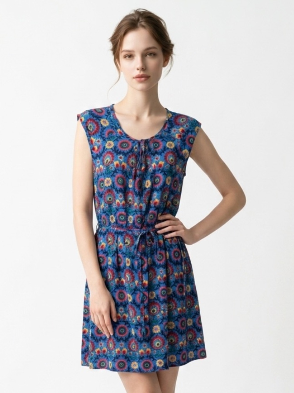 MATILDA JANE Dress Floral Pintuck Sleeveless Lightweight Pullover Blue Small